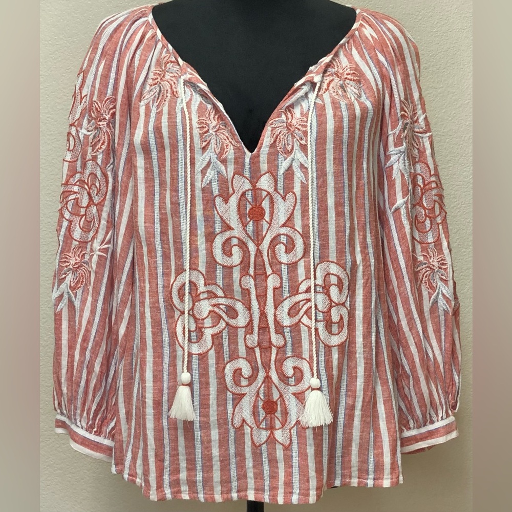 Anthropologie Akemi + Kin Embroidered Striped blouse Red White blue